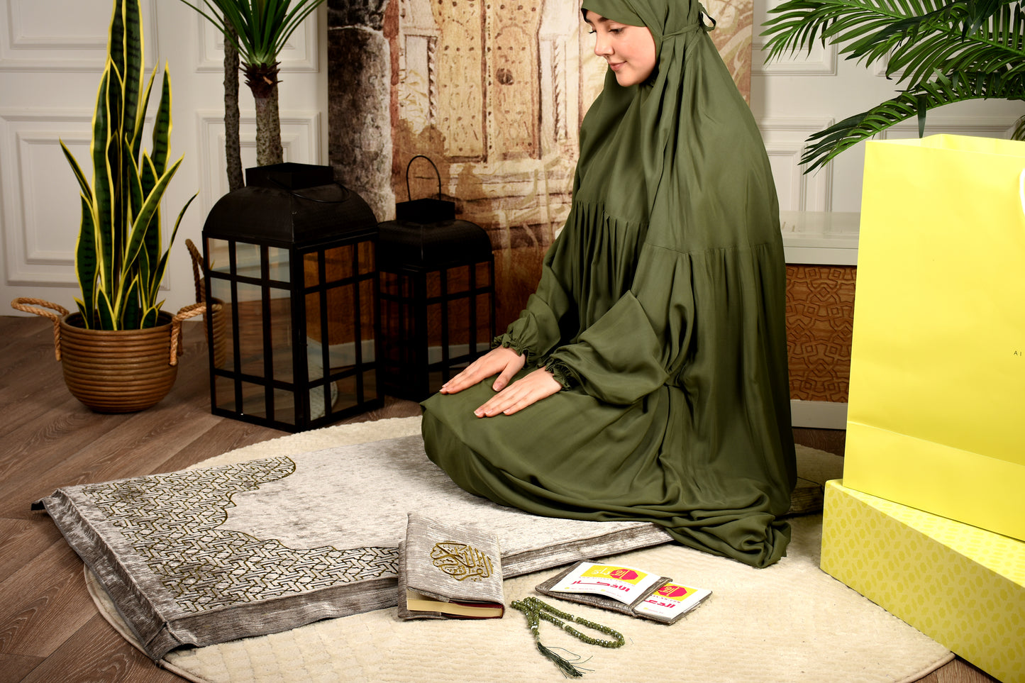 Al-Jenan Classic collection -  Luxury Prayer Set -  (Gray & Olive) wc set